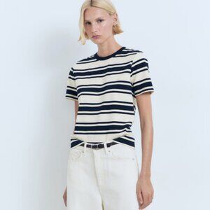 Mango Dark Navy White Stripe 100% Cotton T-Shirt
